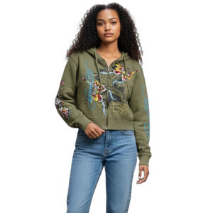 Ed Hardy Womens Hoodie Jacket Large Green Tattoo Graphic Y2K Vintage Streetwear